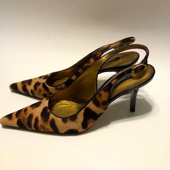 Dolce & Gabbana Sz 38 Vintage Vero Cuoio Leopard Pointed Toe 3” Slingback Pumps - Picture 5 of 16